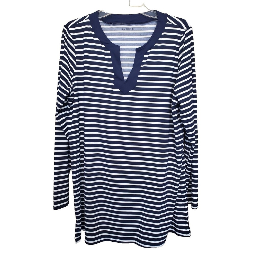 Lands' End Blue Striped Scuba Knit Split Neck Tunic Swim Cover-Up Size Large